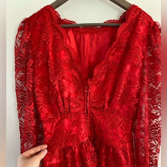 Vintage 70s/80s Red Lace Handmade Dress with Open V Back - Picture 3 of 6